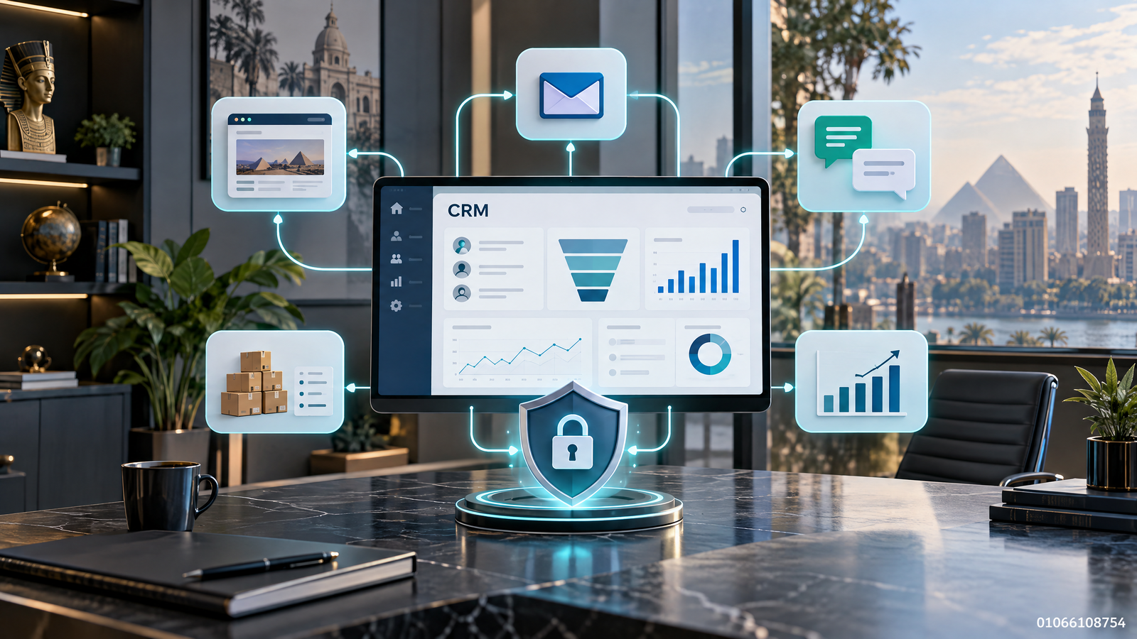 واجهة توضيحية لتكامل CRM مع الموقع وقنوات التواصل والتقارير مع إبراز الأمان