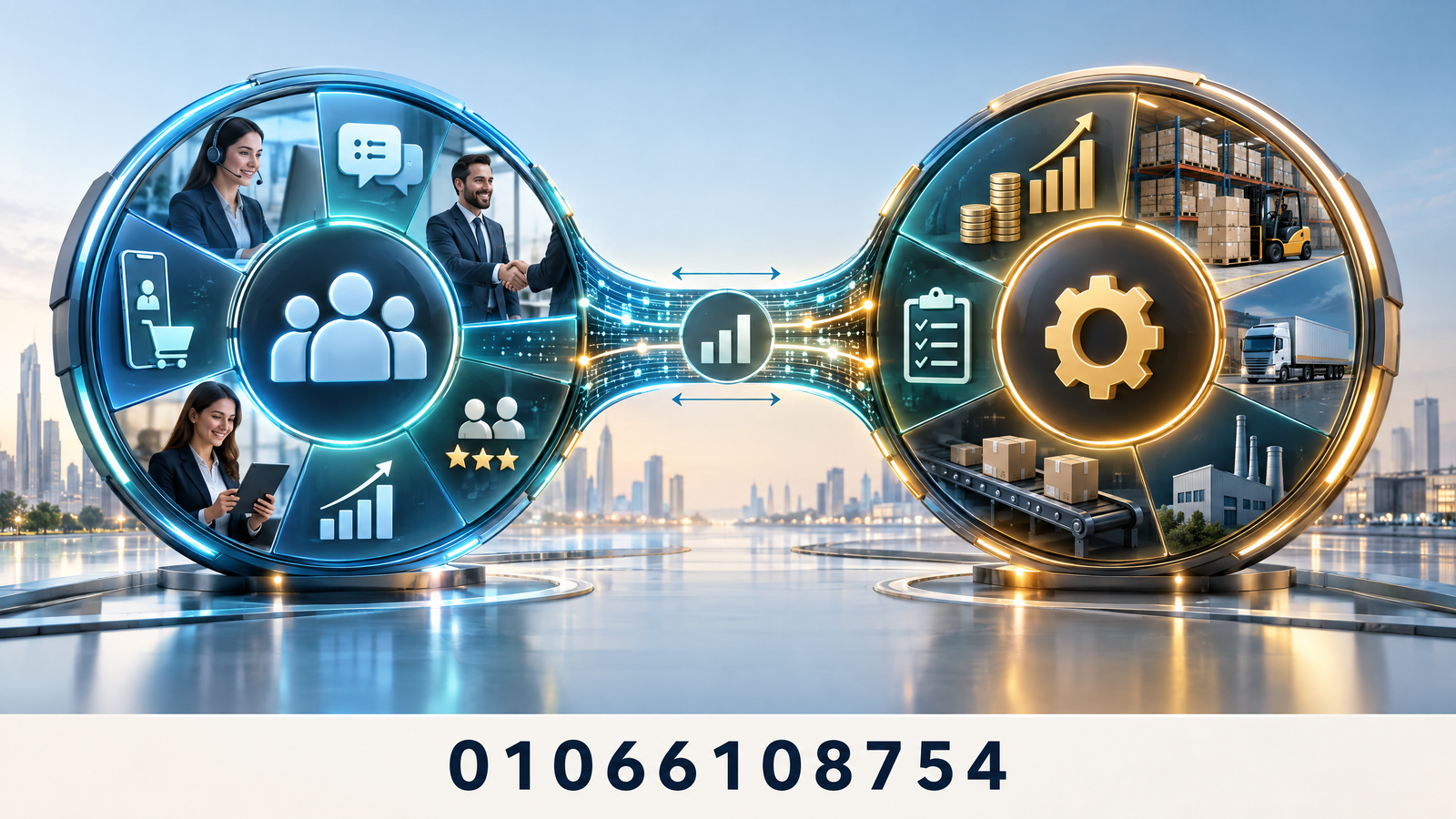 مفهوم بصري يوضح تكامل CRM وERP بين العميل والعمليات