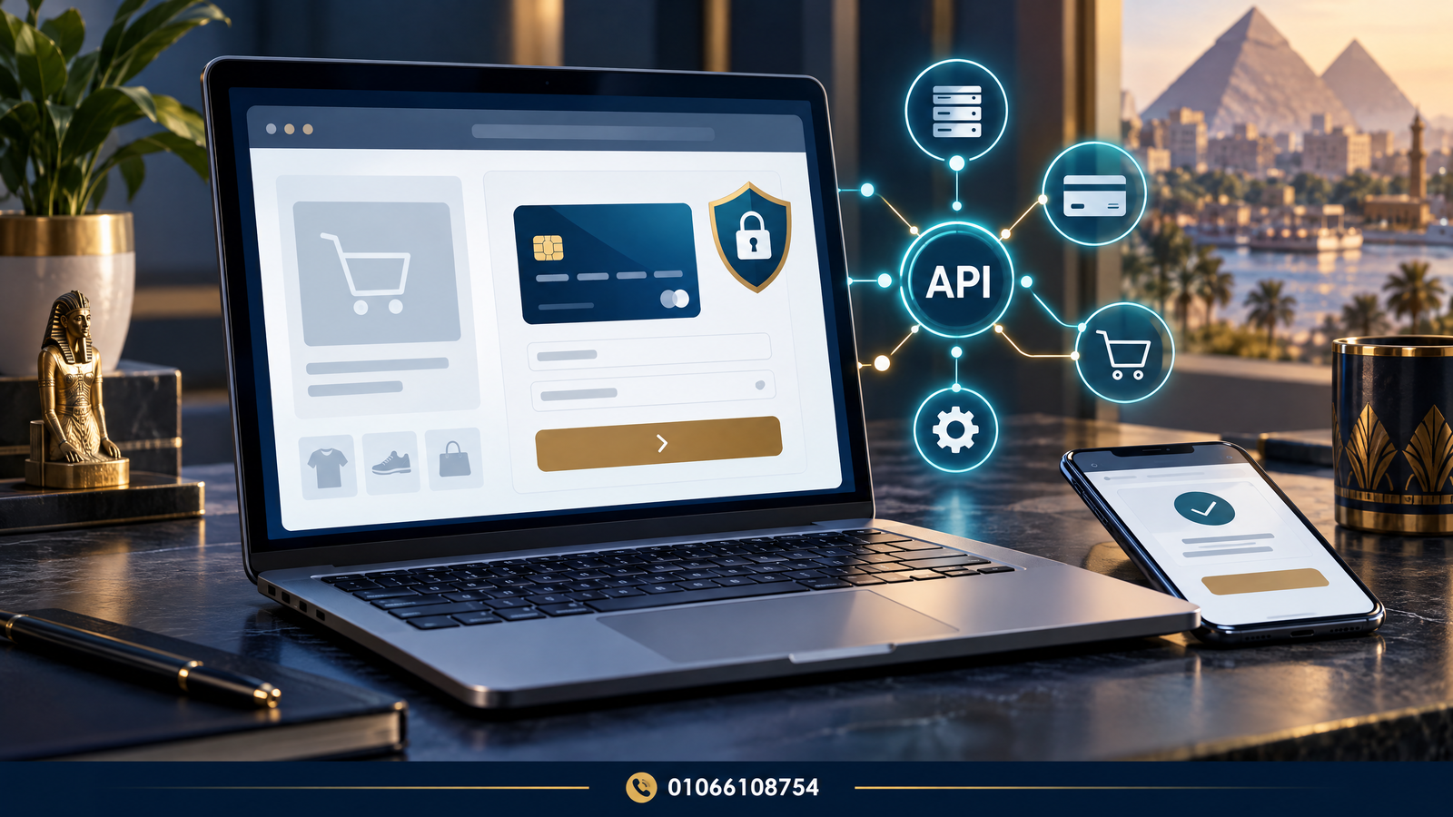 تصميم توضيحي لعملية دفع إلكتروني آمنة متصلة بمتجر عبر API