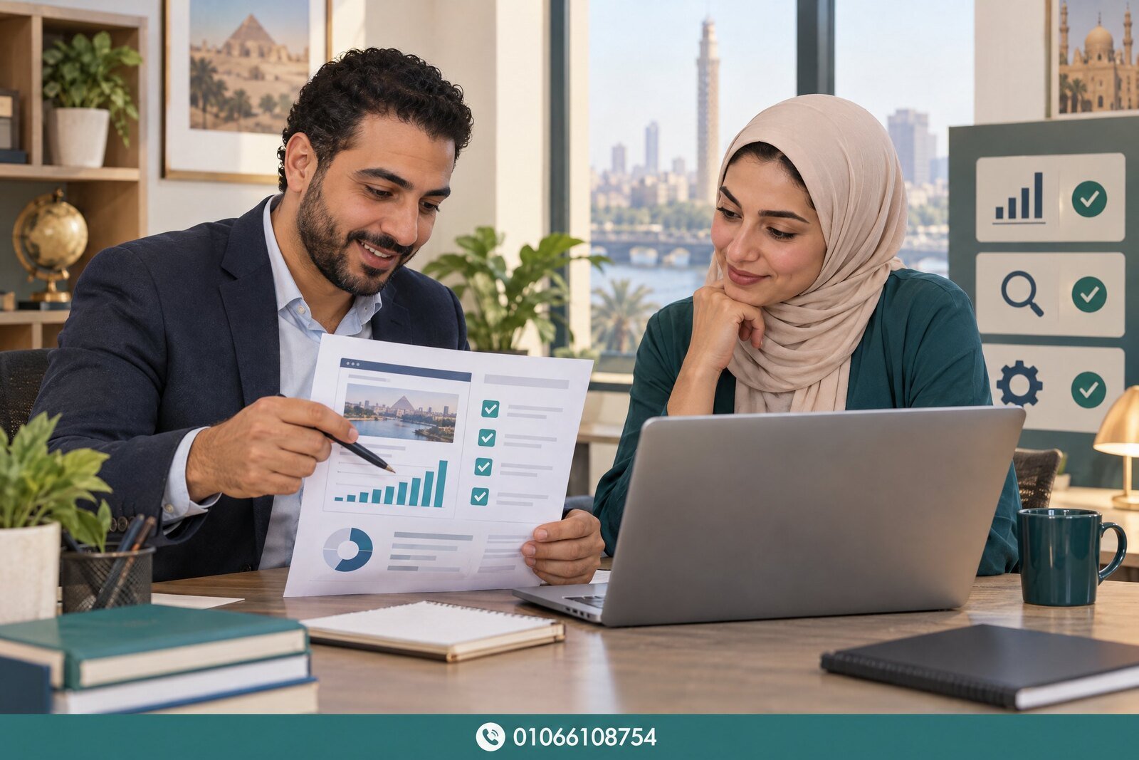 صاحب نشاط ومستشار يراجعان تدقيق الموقع وخطة تحسين محركات البحث