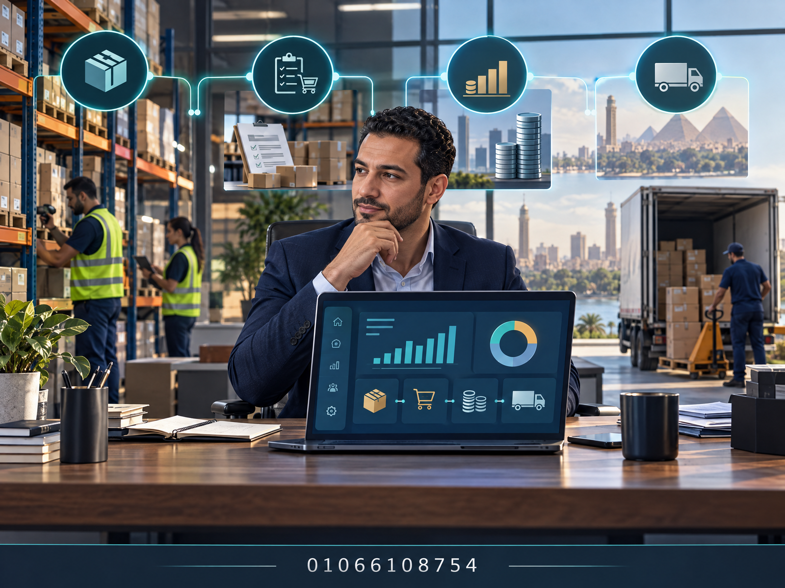 مشهد توضيحي لإدارة المخزون والعمليات عبر ERP