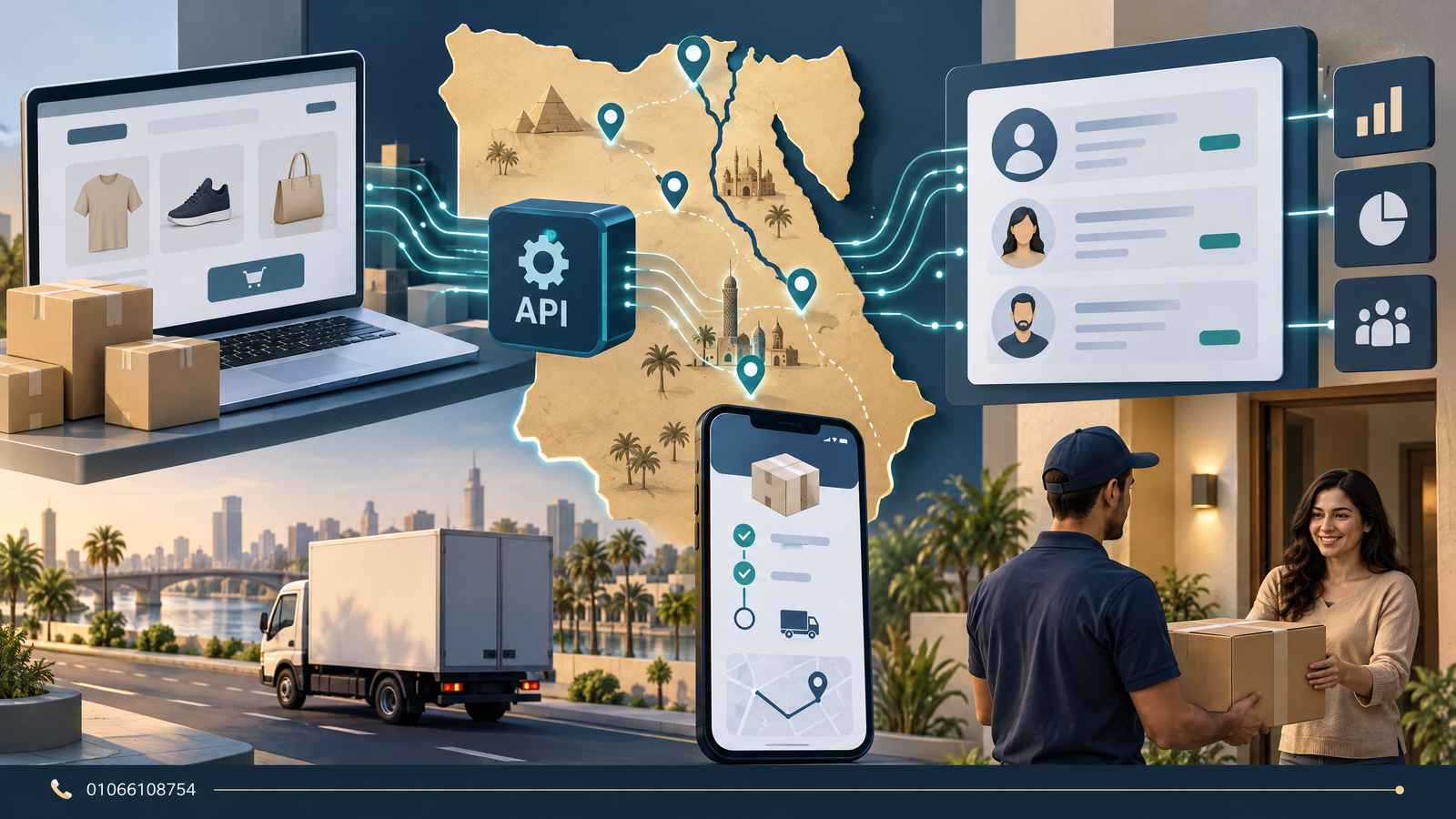مشهد توضيحي لربط بيانات الشحنة والتتبع وملف العميل عبر API