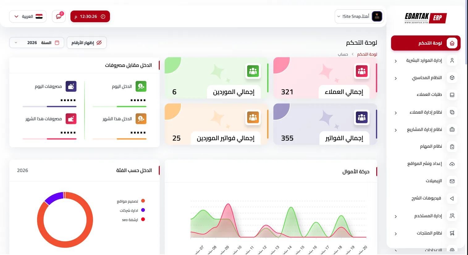 لوحة تحكم نظام إداري: الدخل والمصروفات، العملاء والموردين، والفواتير في شاشة واحدة.