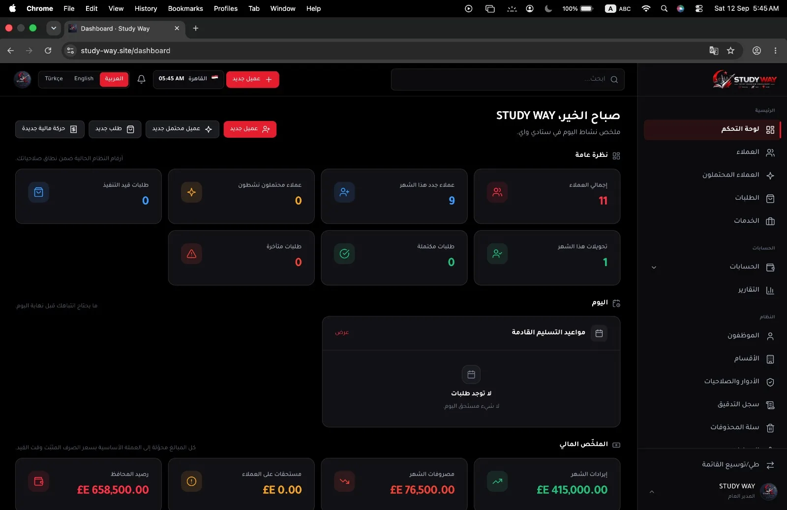 لوحة تحكم بالوضع الداكن: ملخص اليوم، الطلبات، والملخّص المالي.